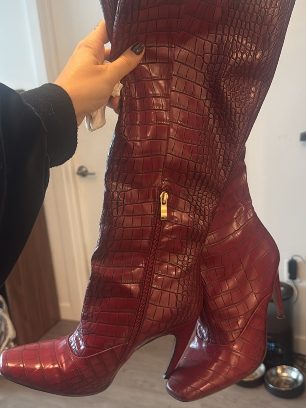 Women’s Burgundy Croc-Embossed Knee Boots